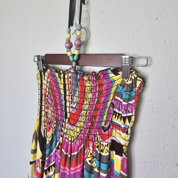 1.2.3 Vibrant Multicolor Smocked Midi‎ Dress Attached Beaded Necklace S Small - Picture 3 of 10